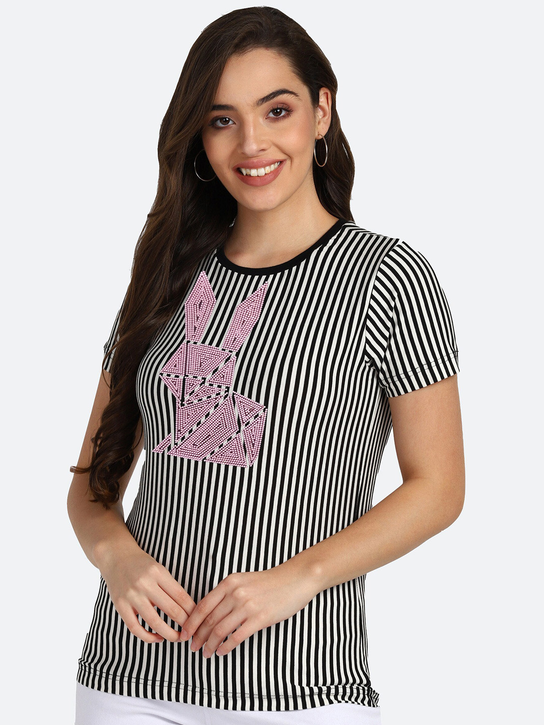 

shashvi Women Black Striped T-shirt