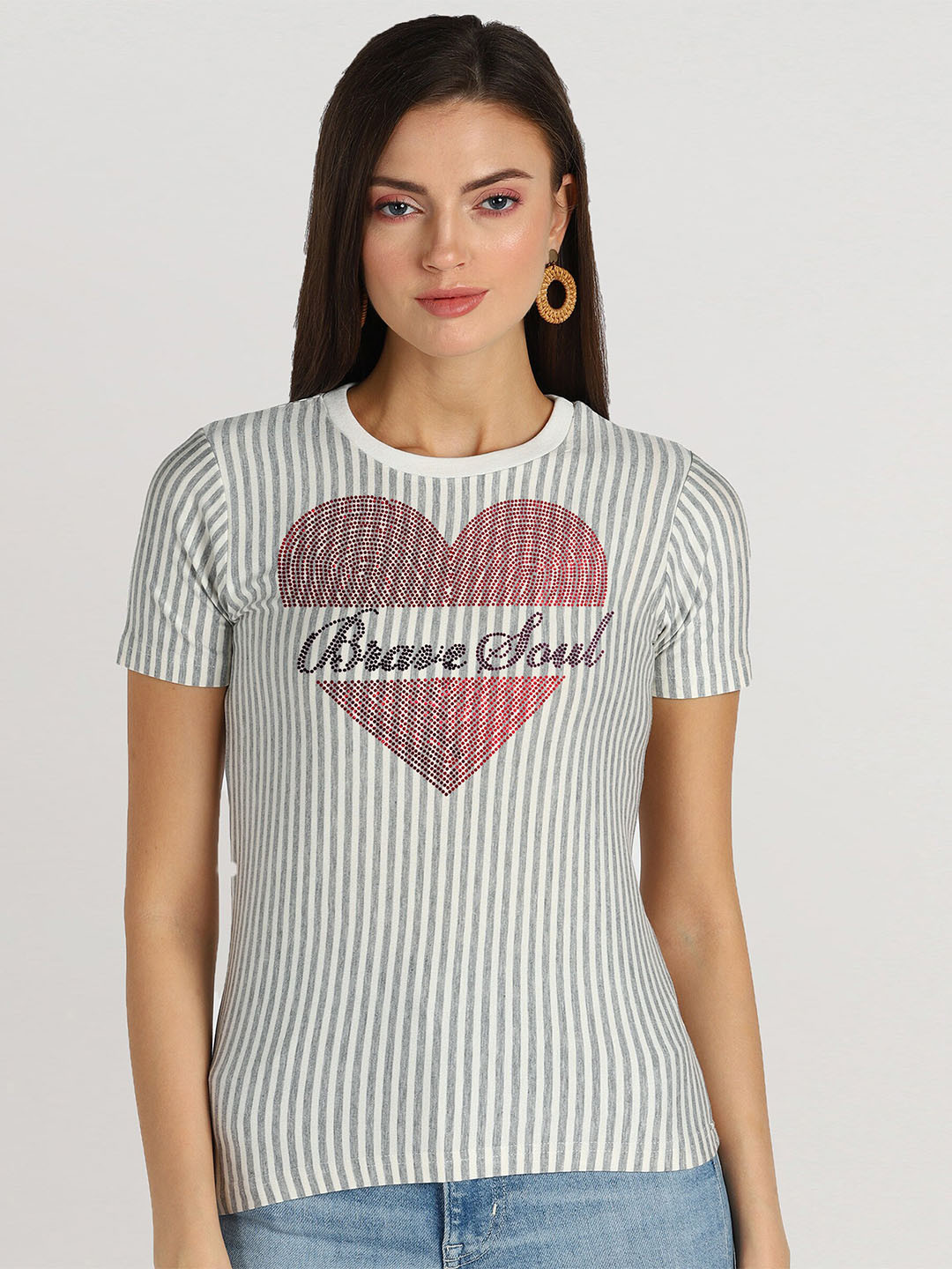 

shashvi Women Off White & Grey Striped T-shirt