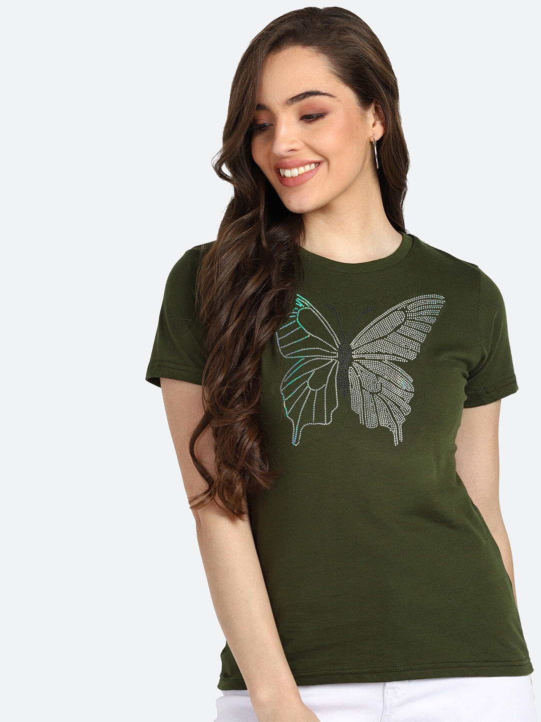 

shashvi Women Olive Green Printed T-shirt