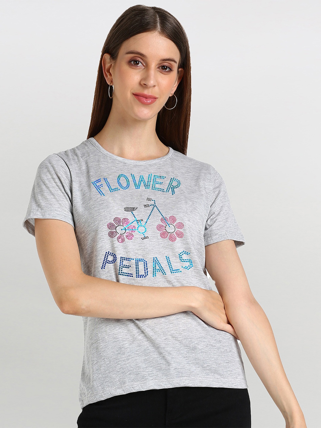 

shashvi Women Grey embellished round neck t-shirt