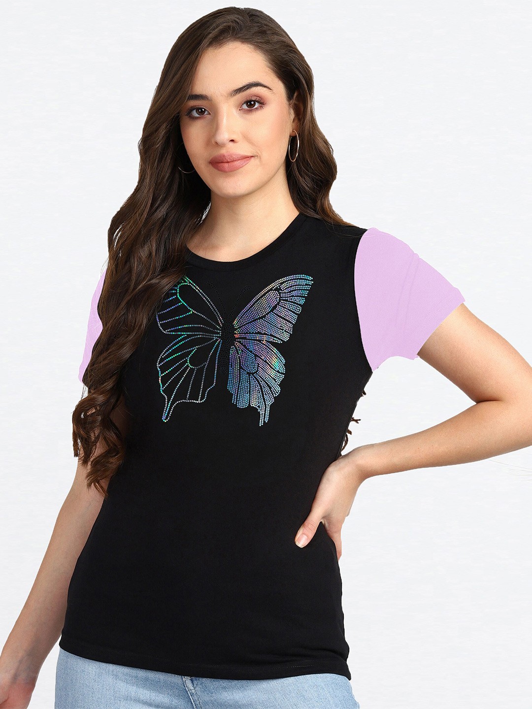 

shashvi Women Lavender Typography Embellished Printed T-shirt