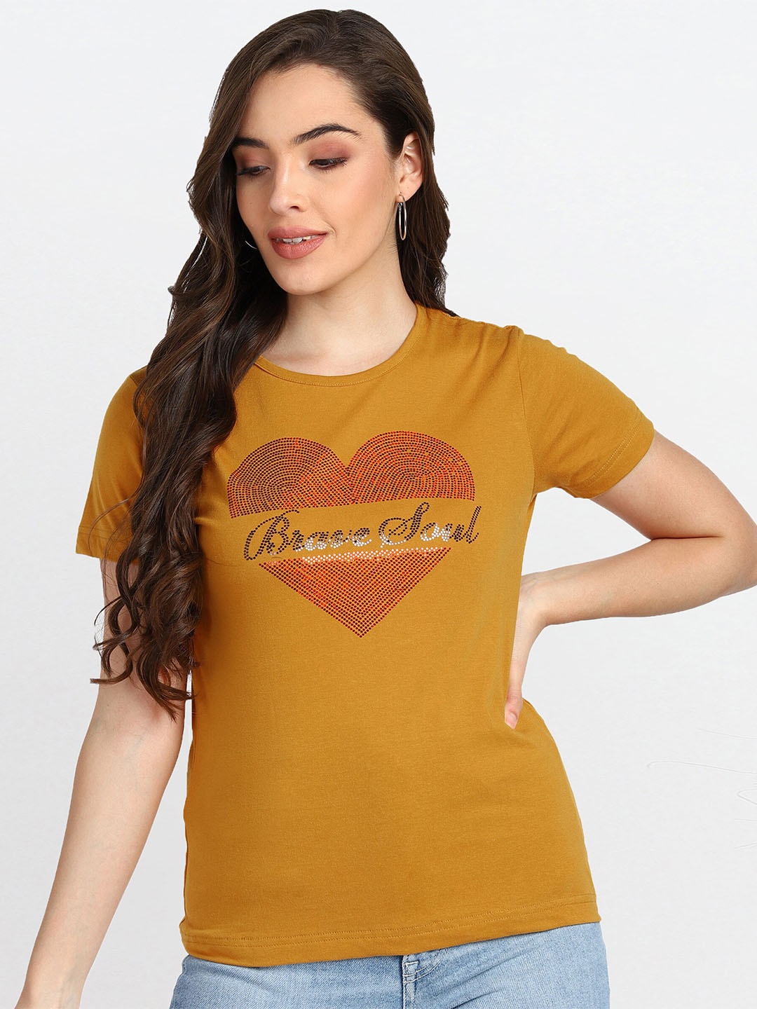 

shashvi Women Mustard Yellow Typography Printed T-shirt