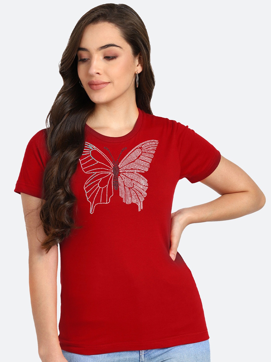 

shashvi Women Red Printed Round Neck T-shirt