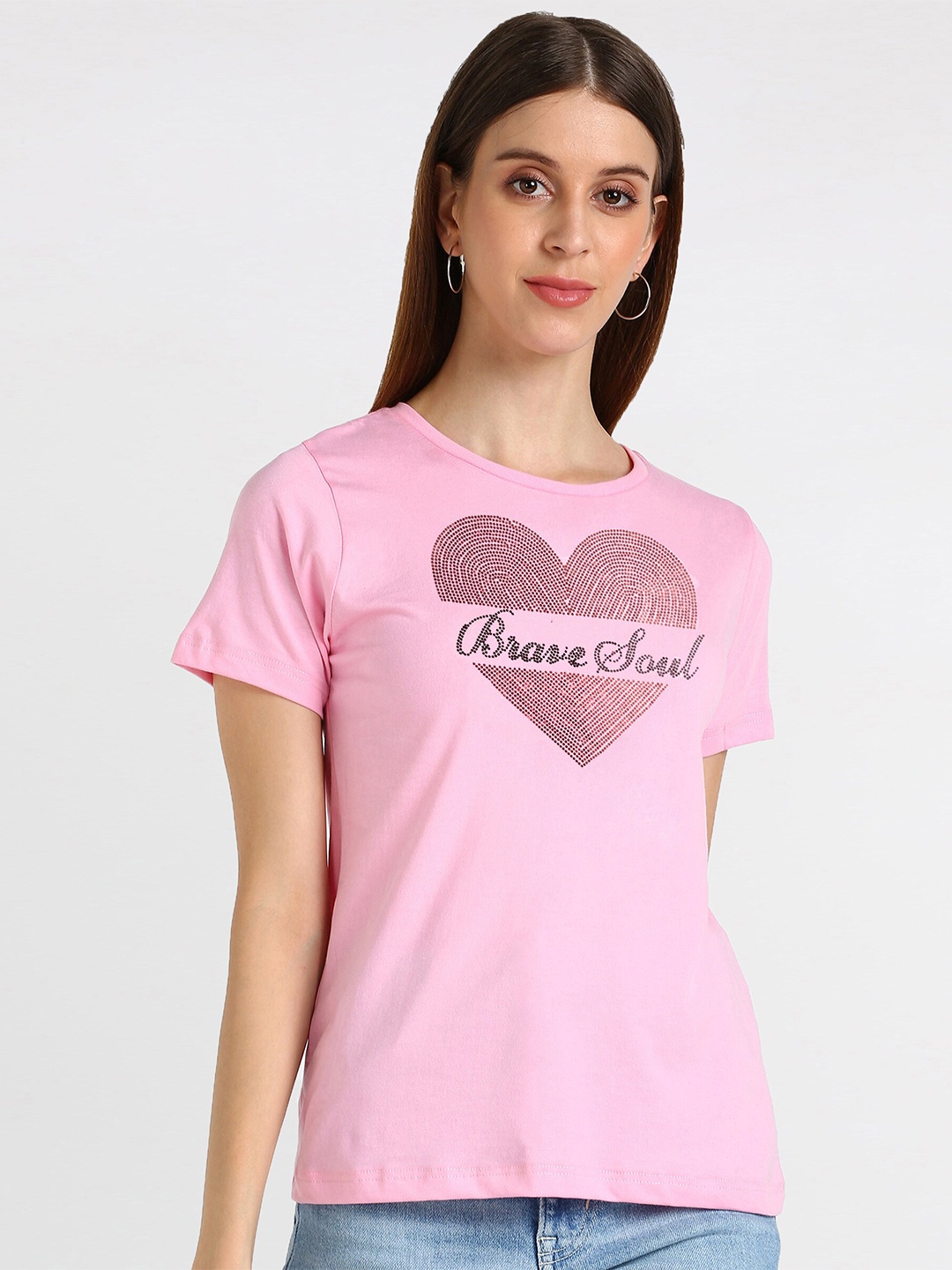 

shashvi Women Pink Embellished Typography Printed Round NeckT-shirt