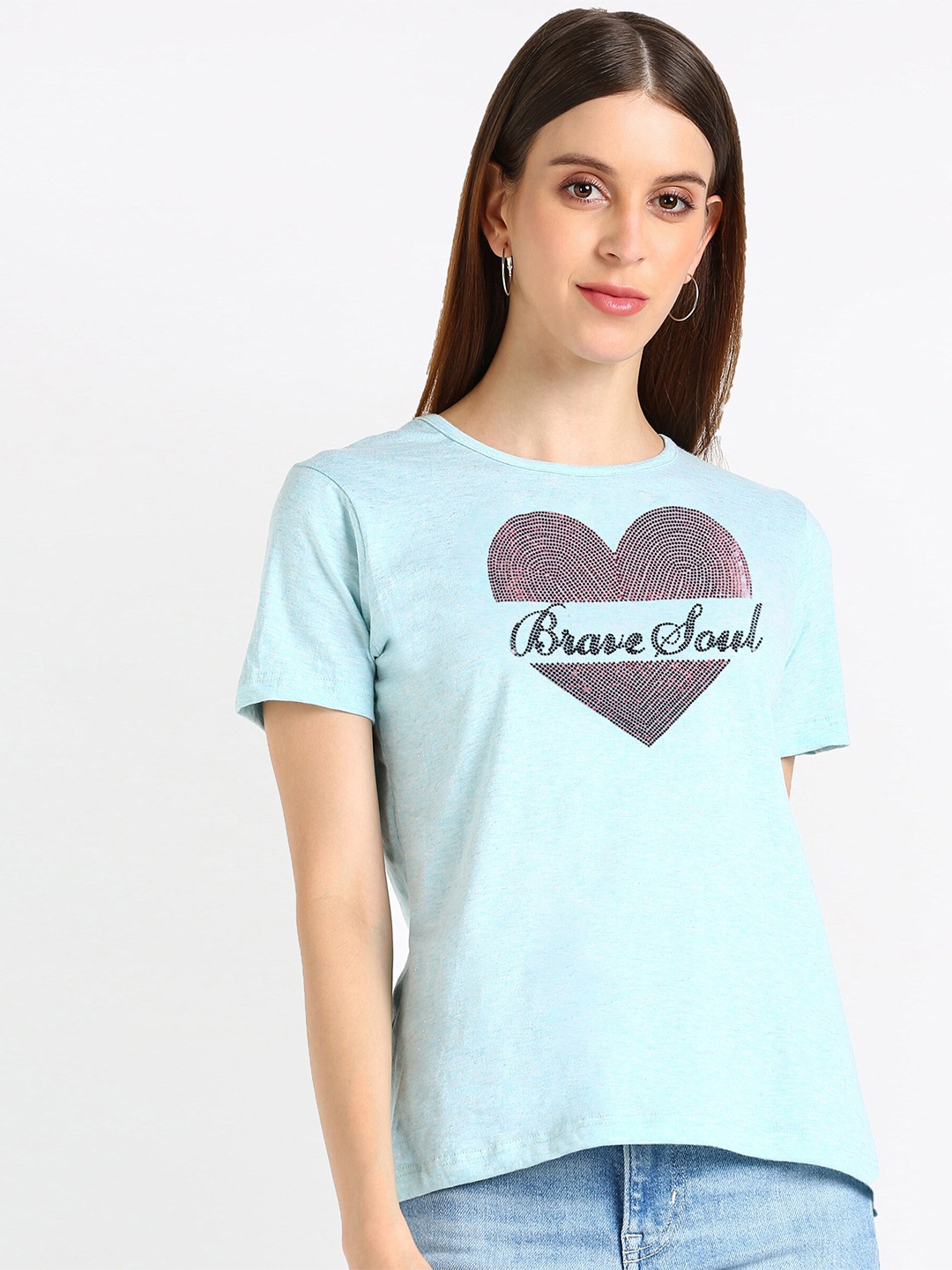 

shashvi Women Turquoise Blue Typography Printed High Neck T-shirt