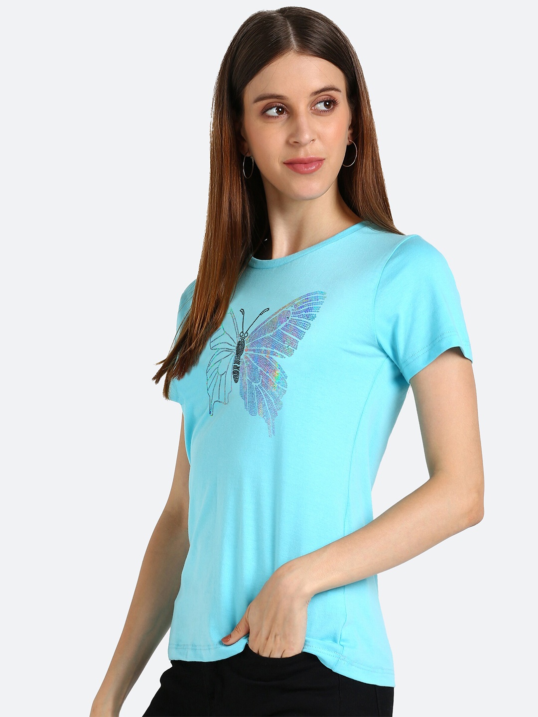 

shashvi Women Blue Typography Printed T-shirt