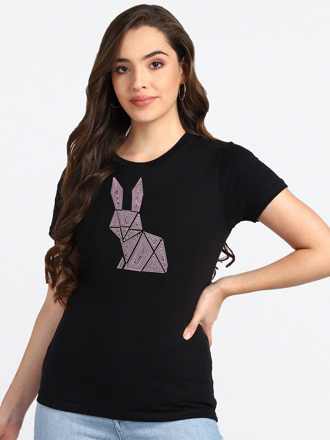 

shashvi Women Black Printed Regular Fit T-shirt