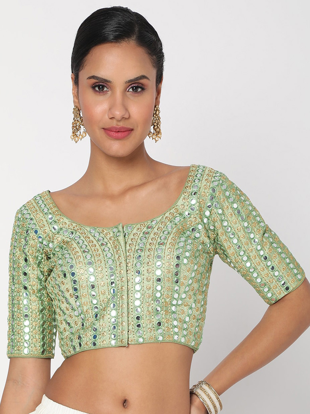 

SALWAR STUDIO Women Green Embroidered Silk Readymade Saree Blouse