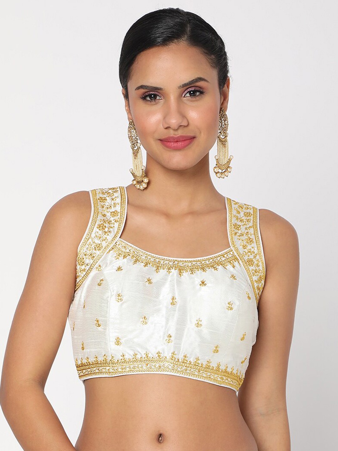 

SALWAR STUDIO White & Gold-Coloured Embroidered Readymade Saree Blouse