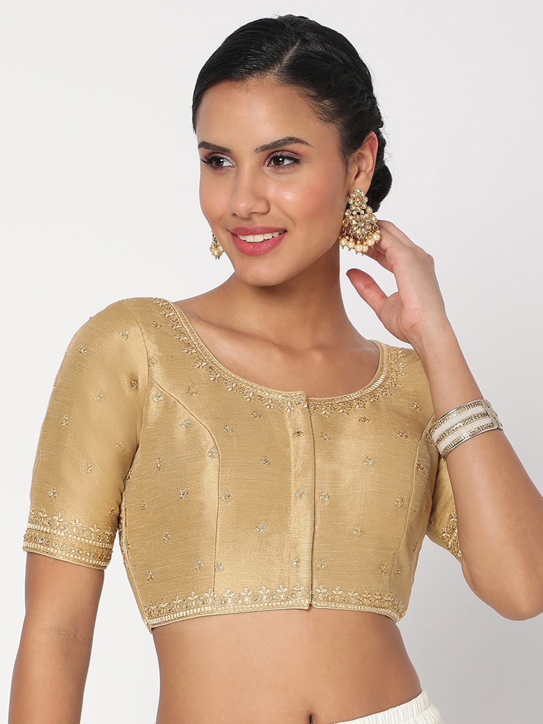 

SALWAR STUDIO Women Gold-Coloured Embroidered Readymade Saree Blouse