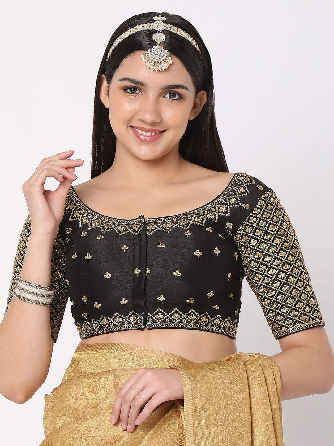 

SALWAR STUDIO Women Black & Gold-Coloured Embroidered Readymade Saree Blouse
