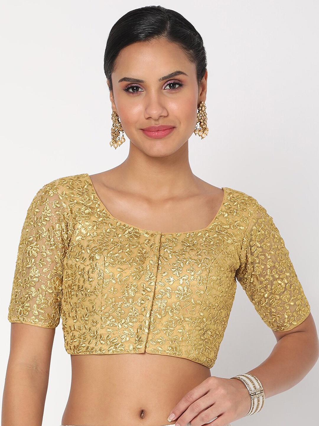 

SALWAR STUDIO Women Golden Embroidered Saree Blouse, Gold