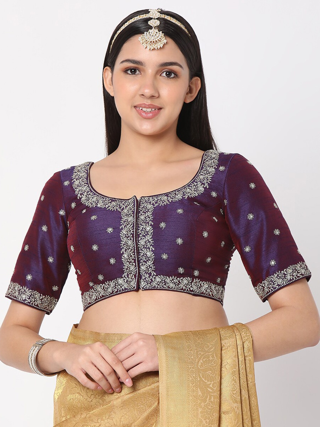 

SALWAR STUDIO Women Purple & Golden Embroidered Saree Blouse