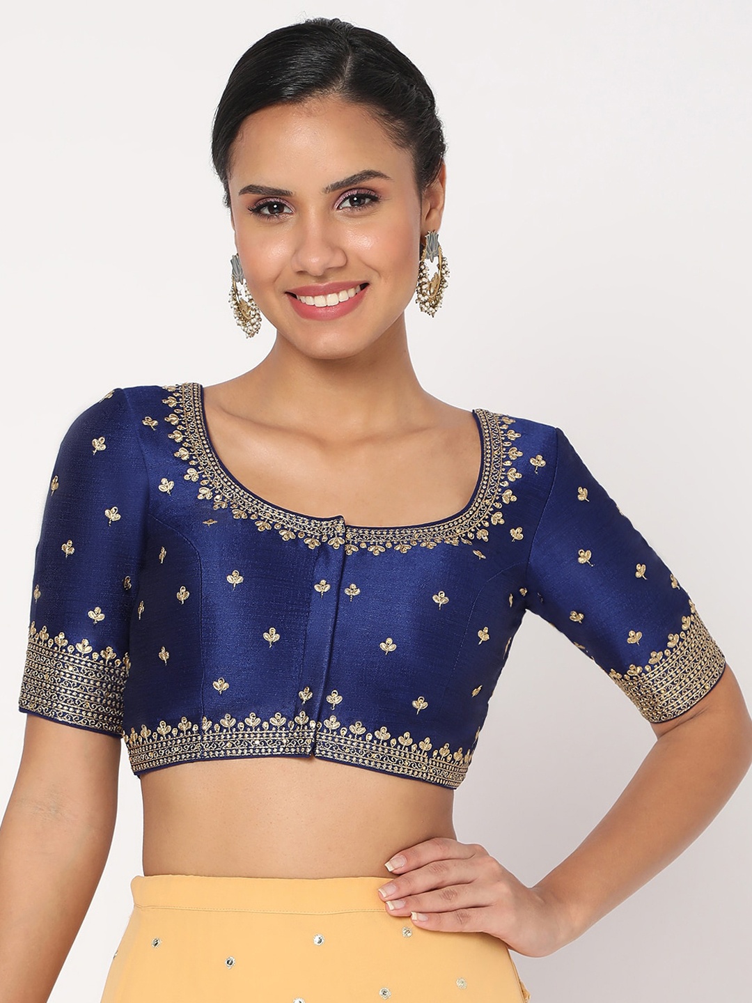 

SALWAR STUDIO Women Navy Blue Embroidered Readymade Saree Blouse