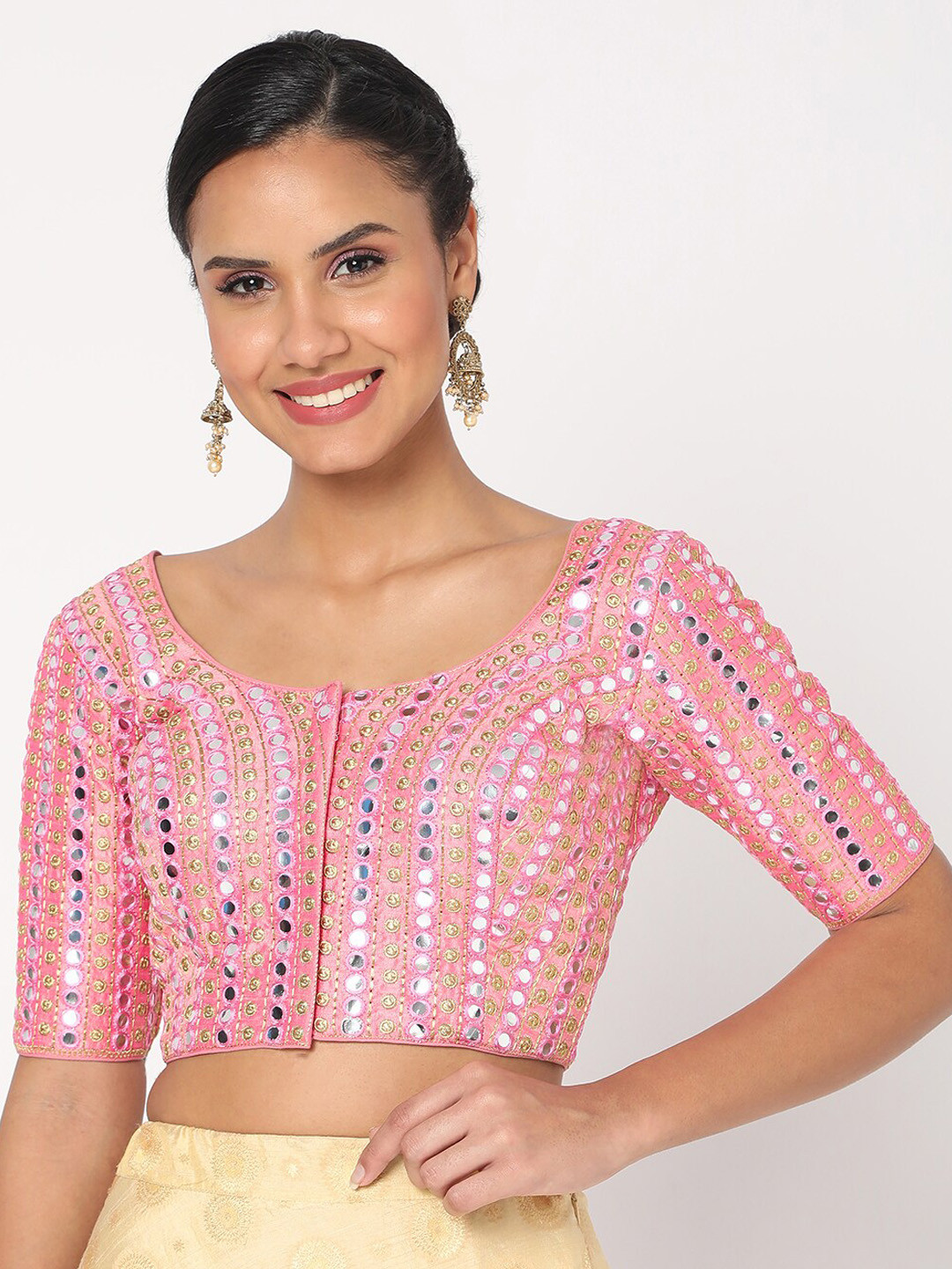 

SALWAR STUDIO Women Pink Mirror Work Embroidered Saree Blouse