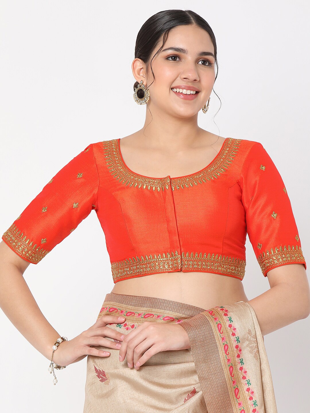 

SALWAR STUDIO Women Orange Embroidered Readymade Saree Blouse