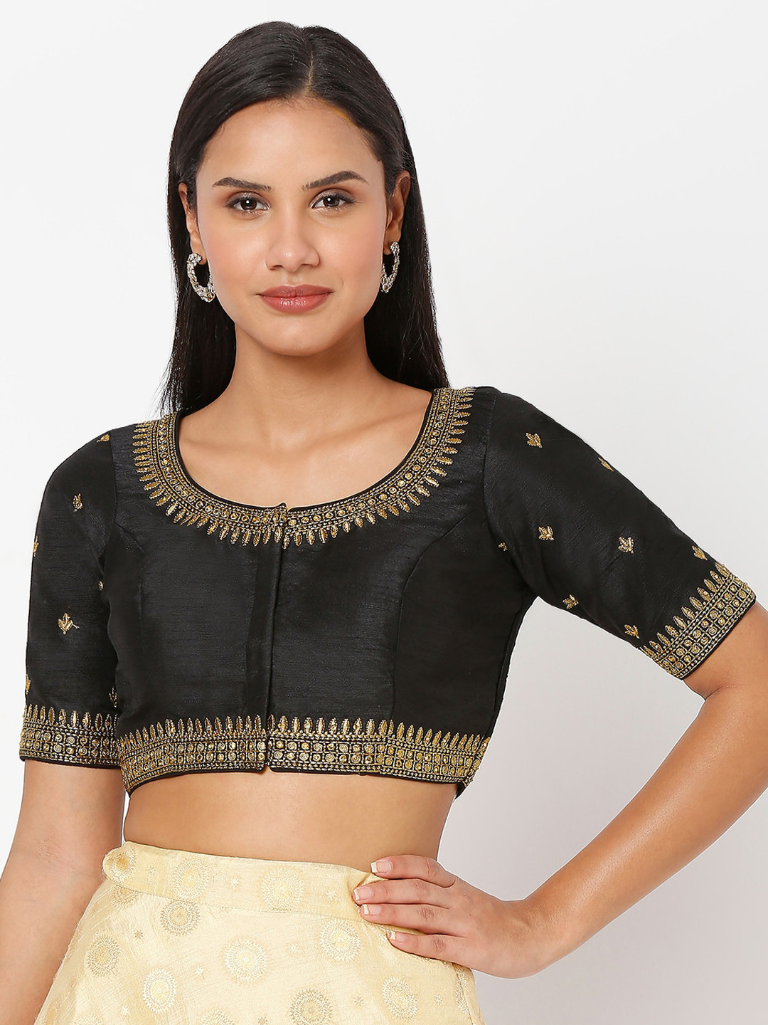 

SALWAR STUDIO Women Black & Gold Embroidered Readymade Saree Blouse