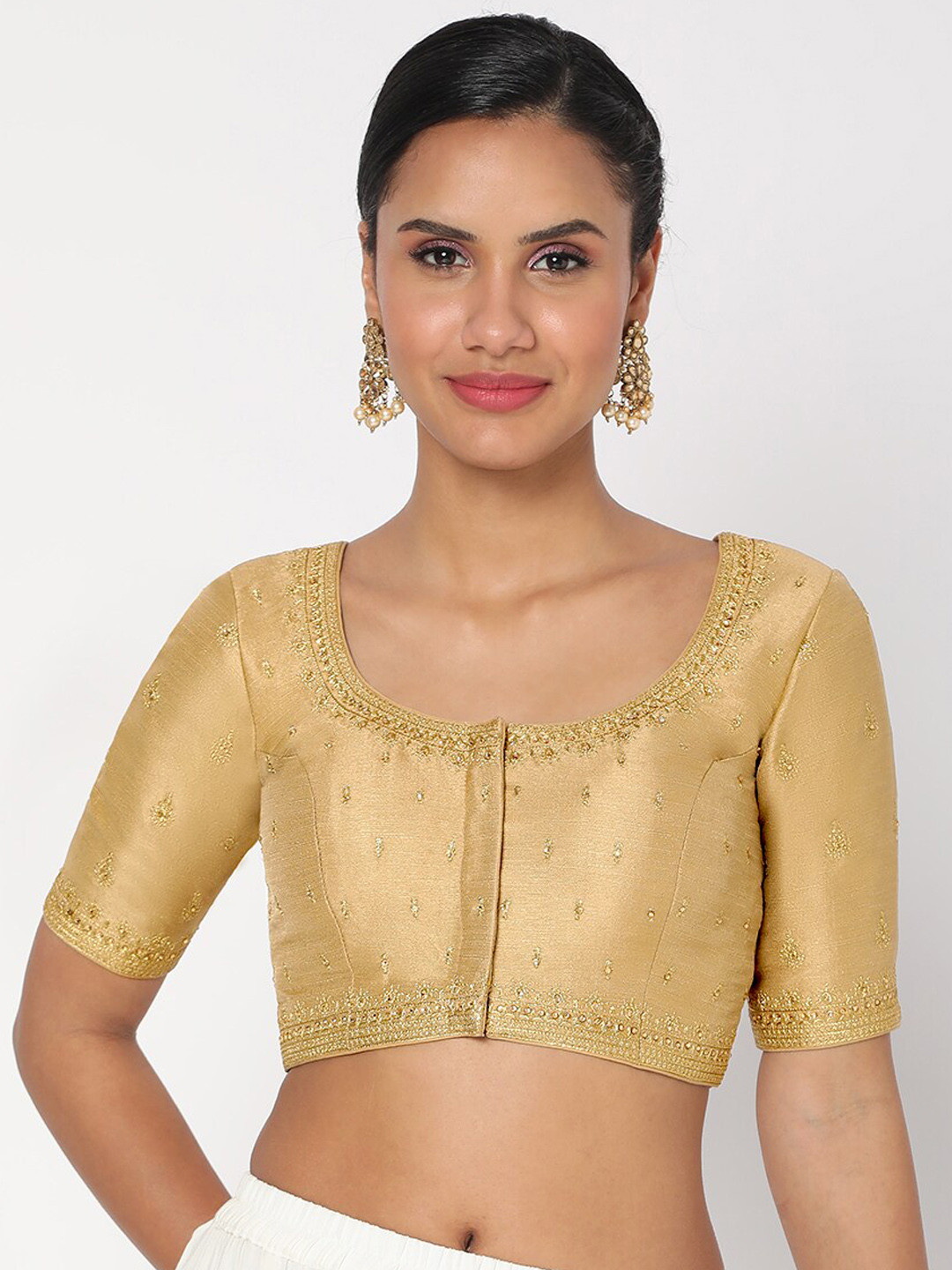 

SALWAR STUDIO Women Golden Embroidered Saree Blouse, Gold