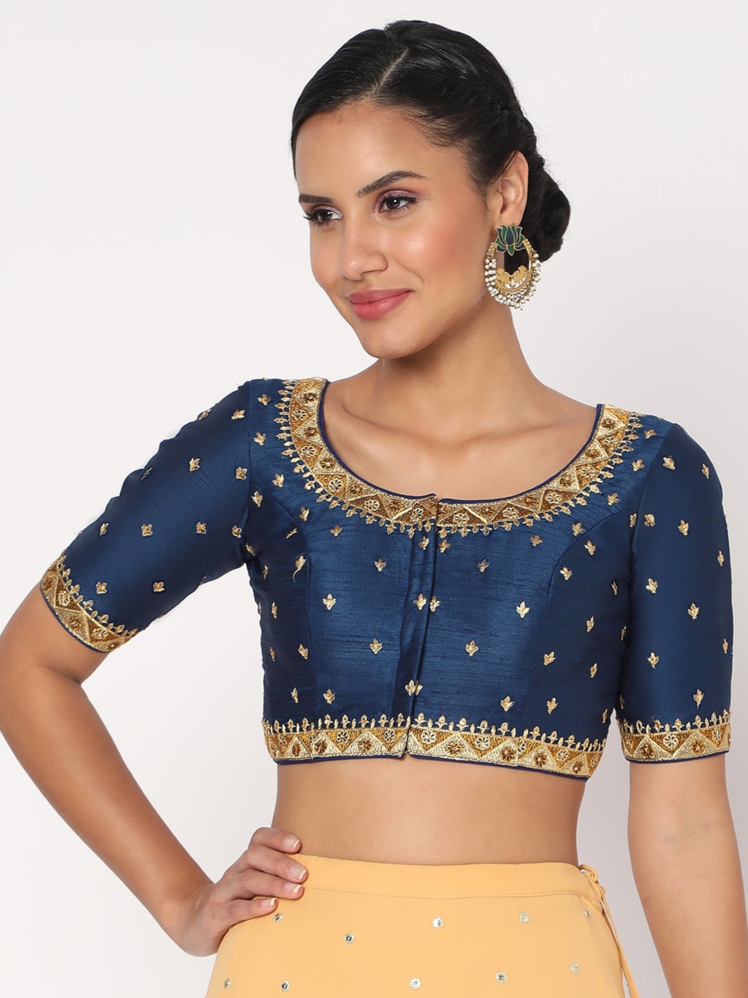 

SALWAR STUDIO Women Navy Blue Embroidered Readymade Saree Blouse