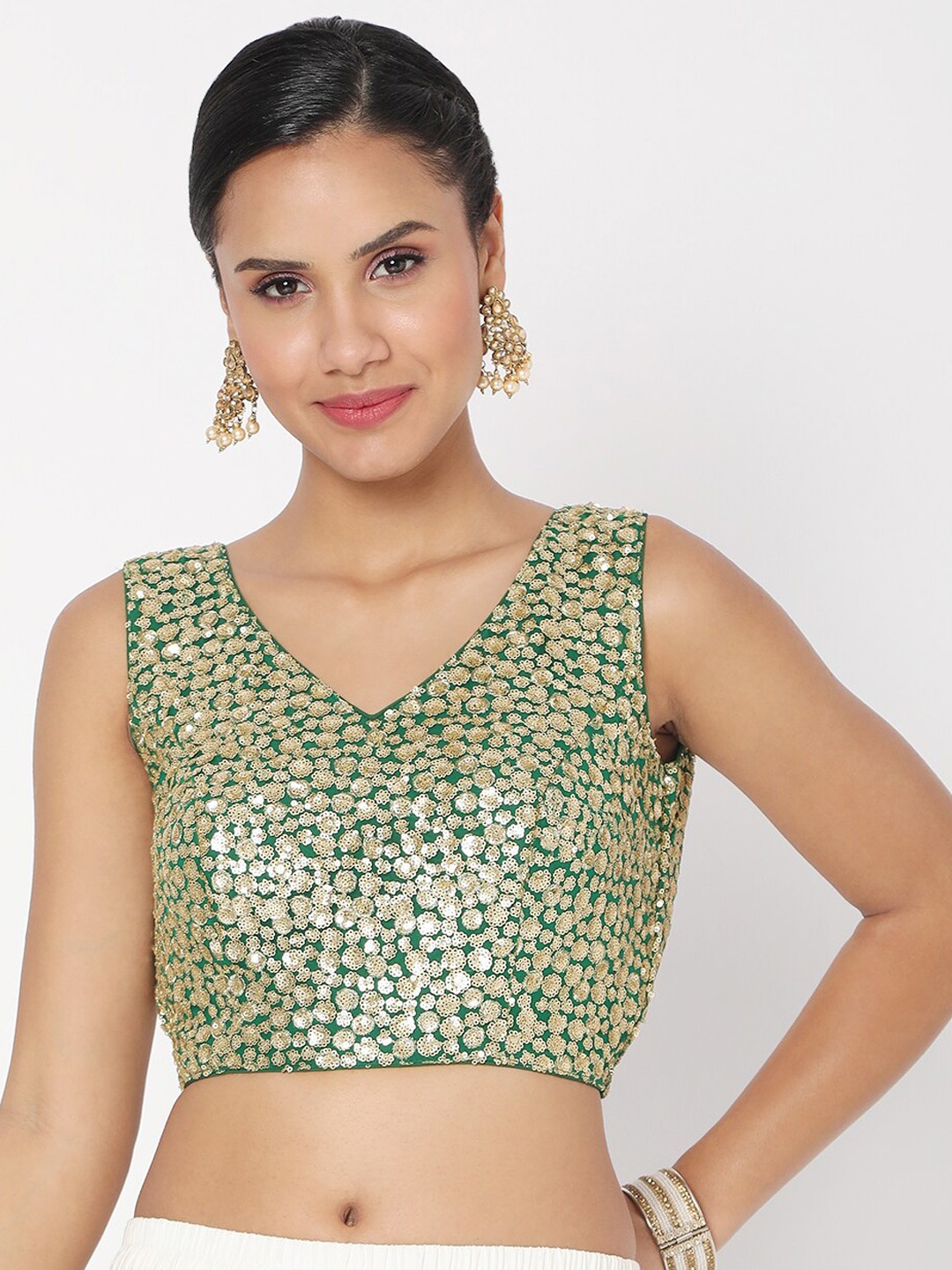 

SALWAR STUDIO Women Green Embroidered Sequinned Readymade Saree Blouse