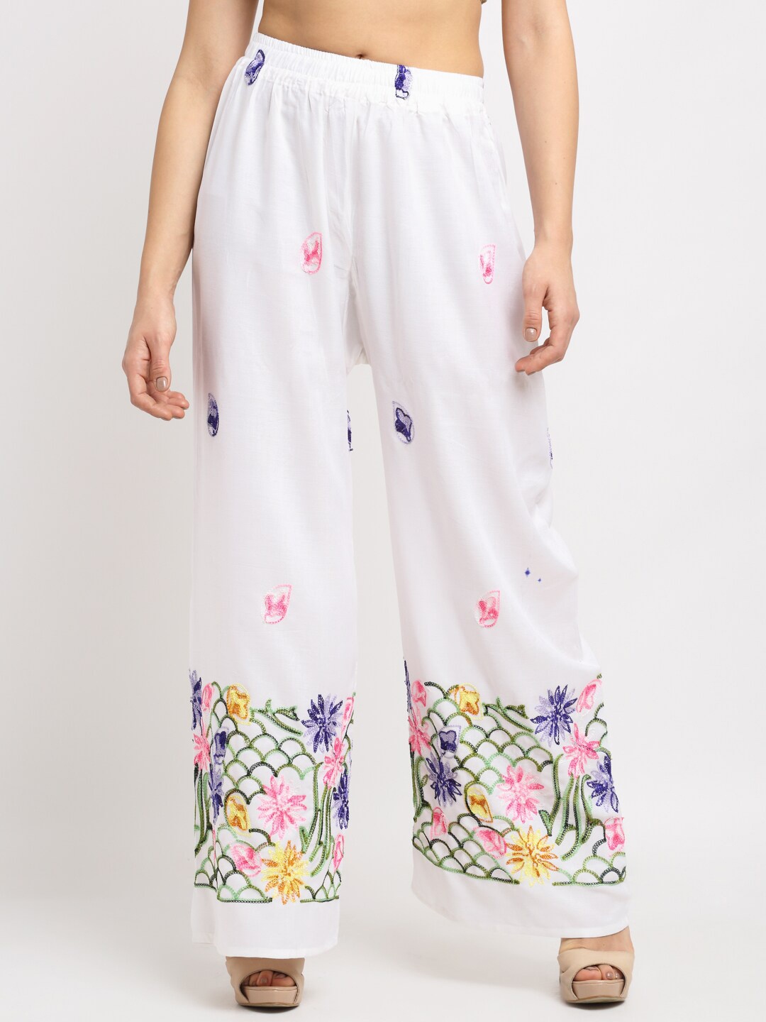 

NEUDIS Women White & Blue Floral Embroidered Flared Ethnic Palazzos