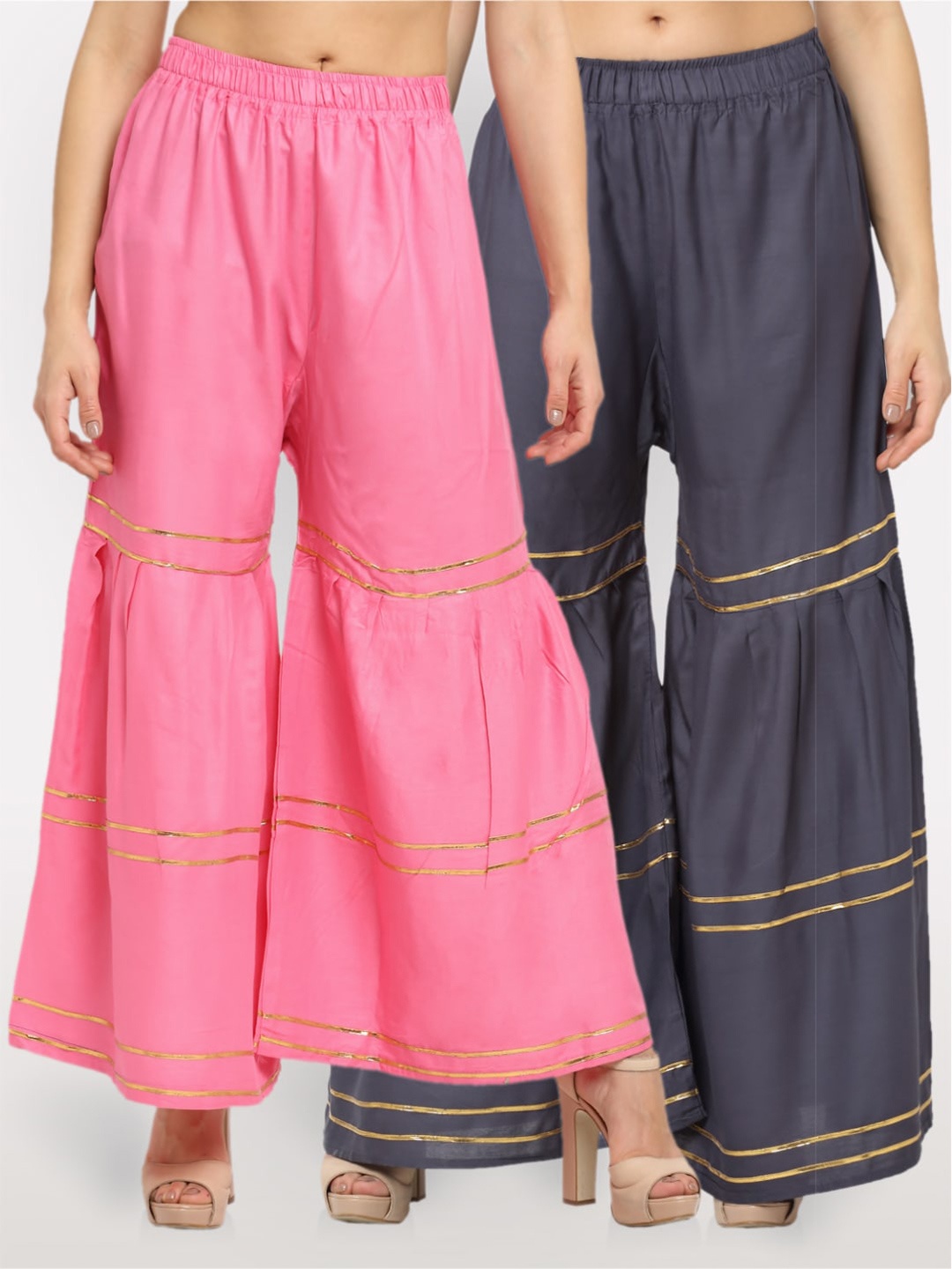 

NEUDIS Women Pink & Grey 2 Flared Ethnic Sharara Palazzo