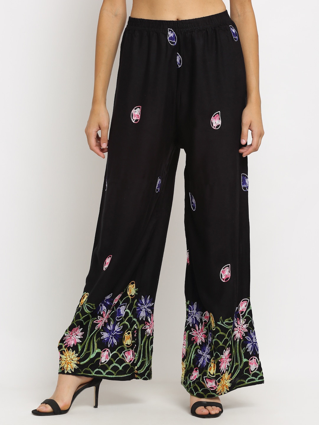 

NEUDIS Women Black & Blue Floral Embroidered Flared Palazzos
