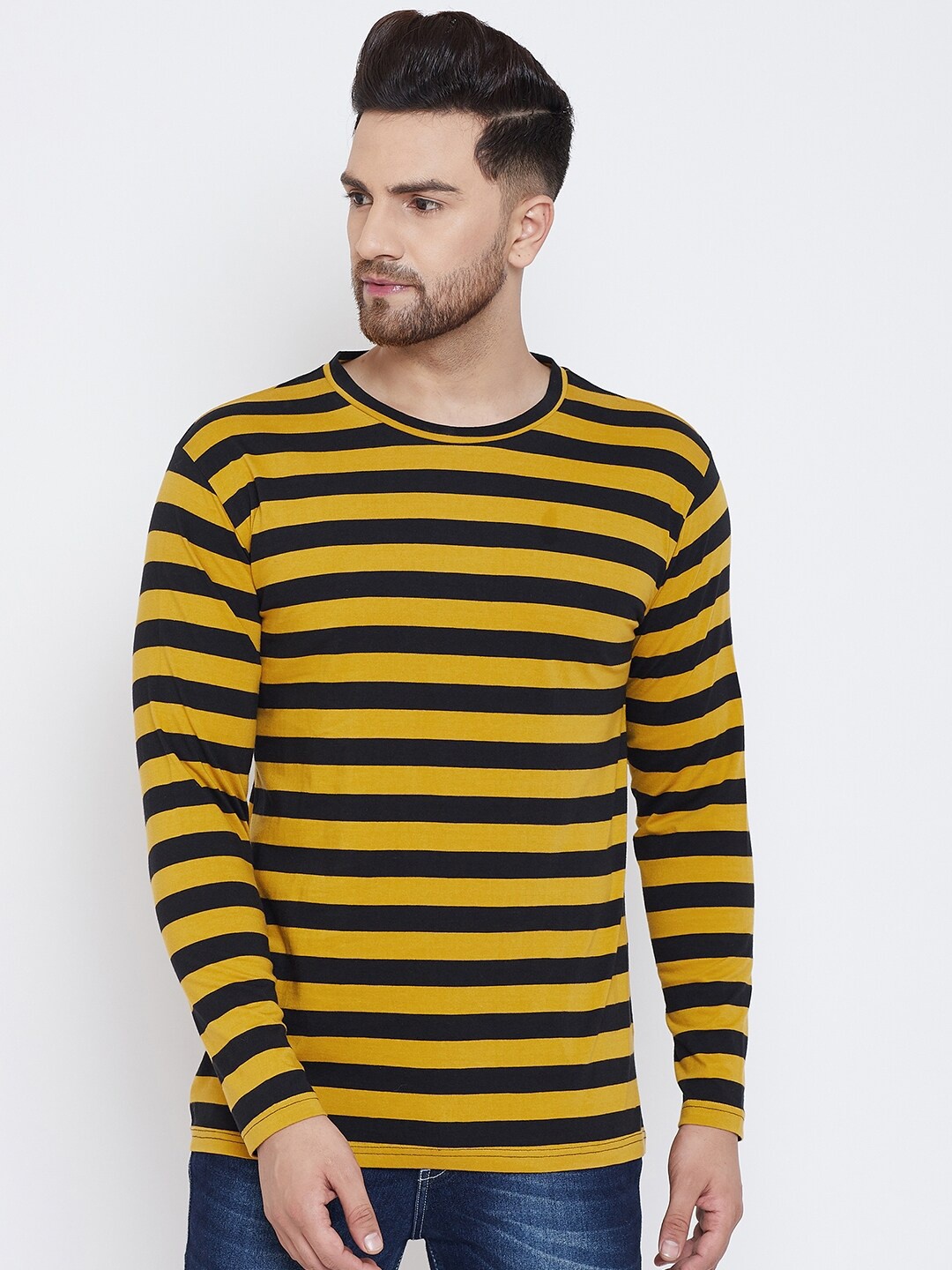 

Hypernation Men Yellow & Black Striped Pure Cotton T-shirt