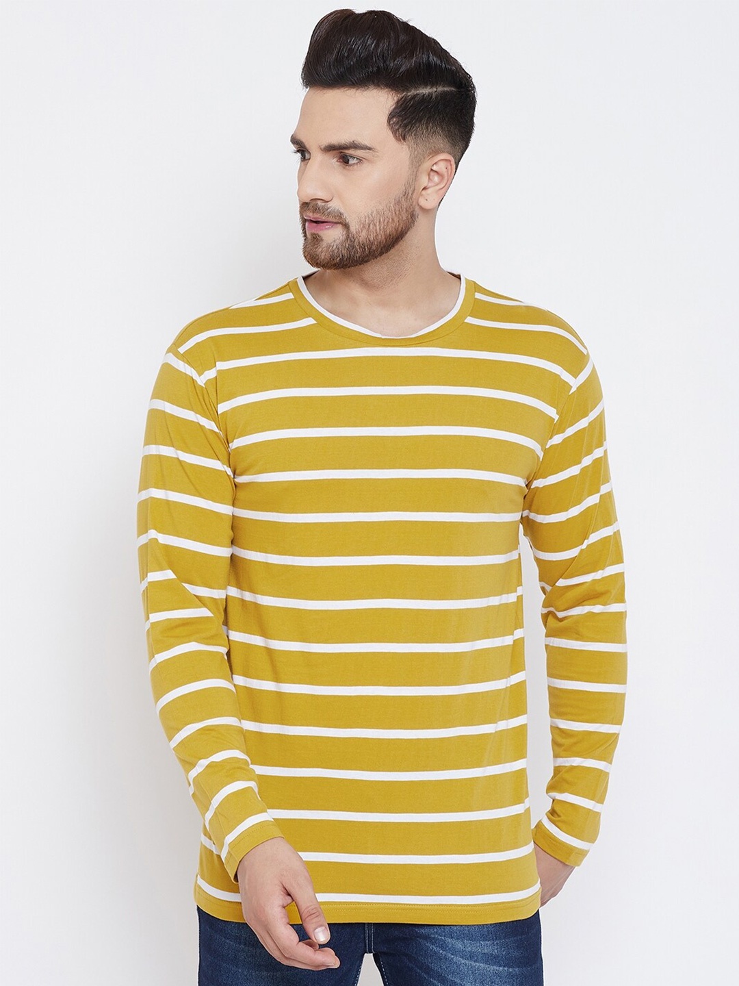 

Hypernation Men Mustard Yellow & White Striped Cotton T-shirt