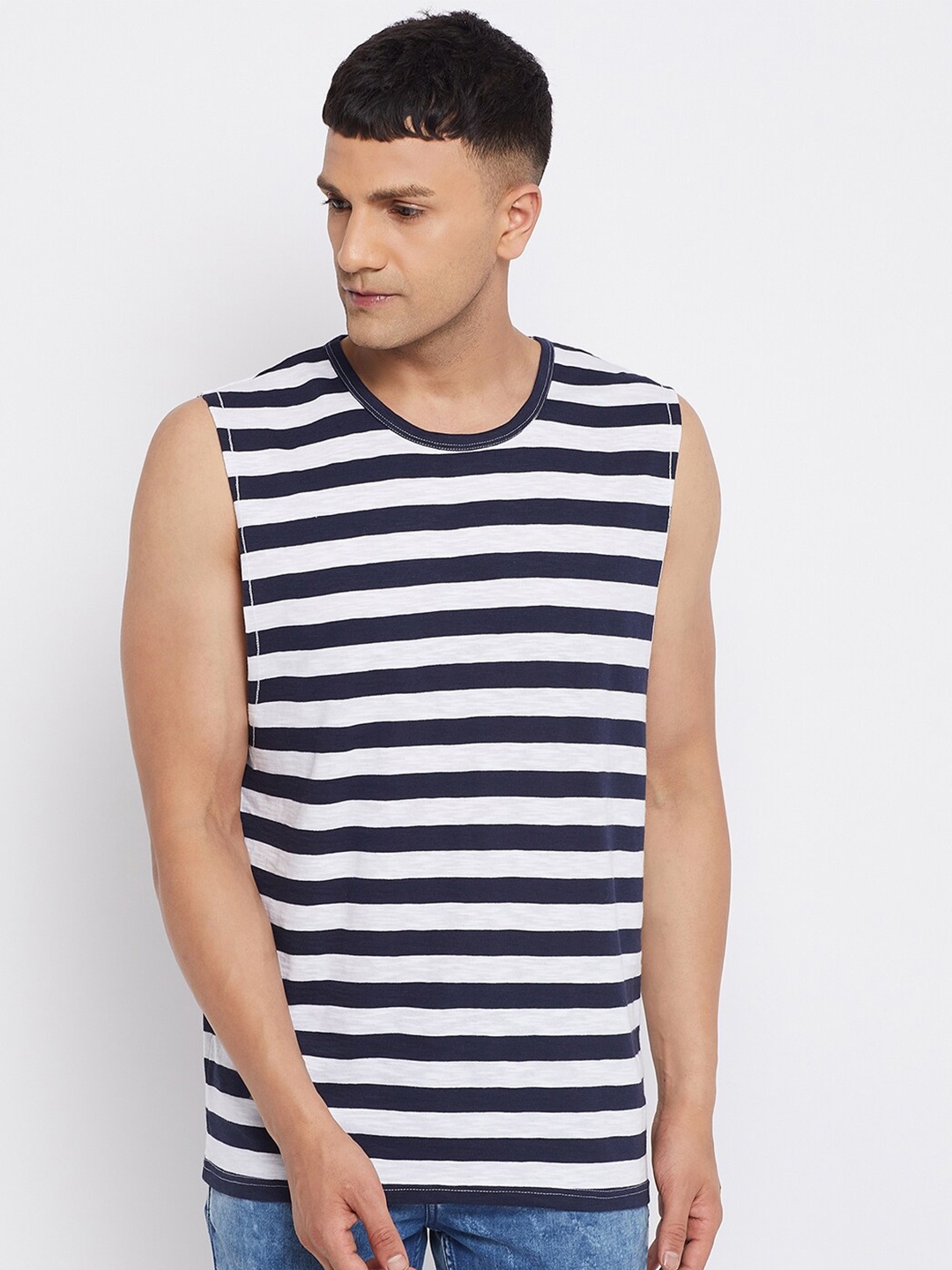 

Hypernation Men Blue & White Striped Sleeveless T-shirt