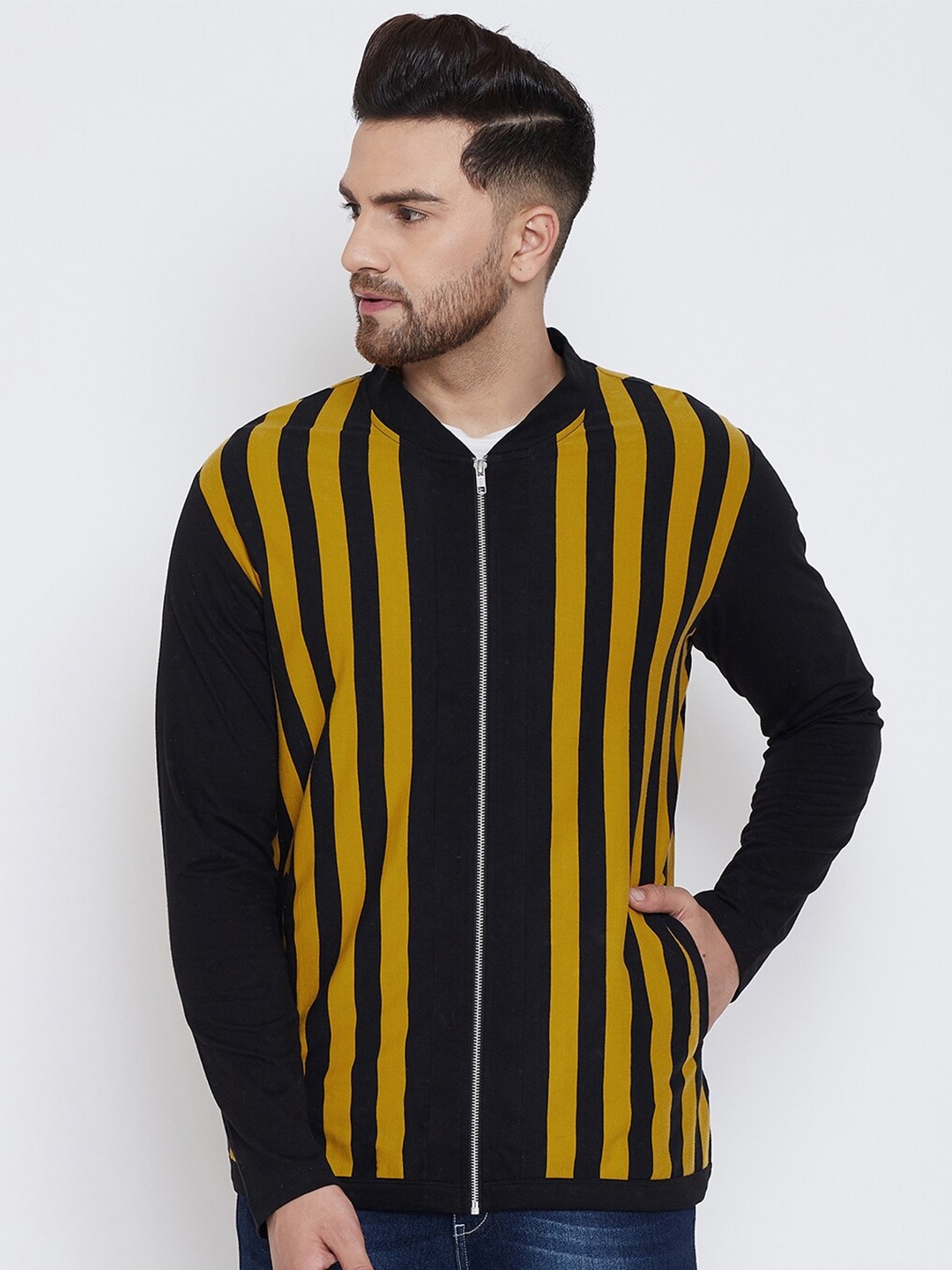 

Hypernation Men Yellow & Black Striped Cotton T-shirt