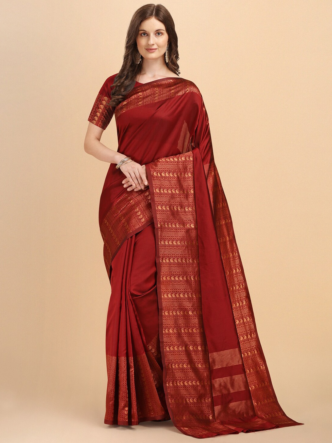 

Jinax Maroon & Gold-Toned Paisley Zari Pure Silk Banarasi Saree