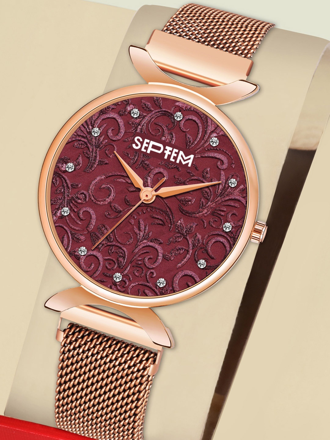 

Septem Women Maroon Embellished Dial & Rose Gold Toned Stainless Steel Bracelet Style Straps Analogue Watch, Red