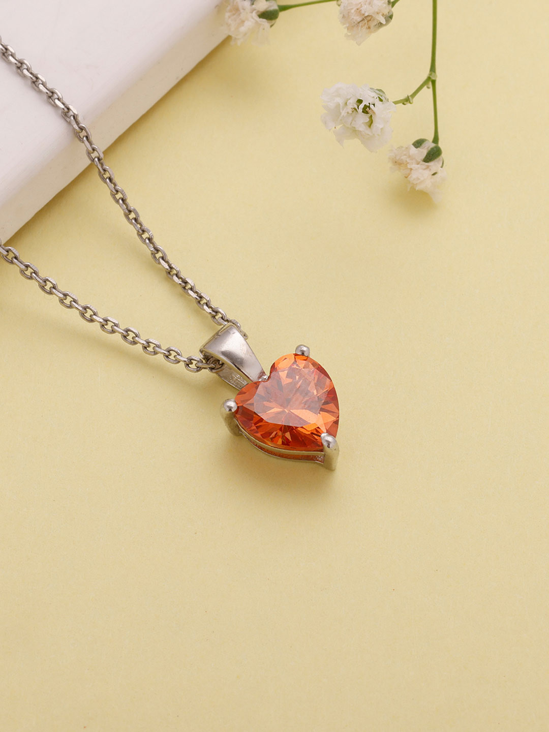 

GIVA 92.5 Sterling Silver Rhodium -Plated Orange Heart Pendant With Chain