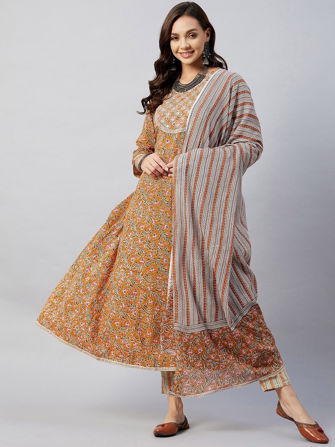 

InWeave Women Mustard Yellow Printed Pure Cotton Kurta with Trousers & Dupatta