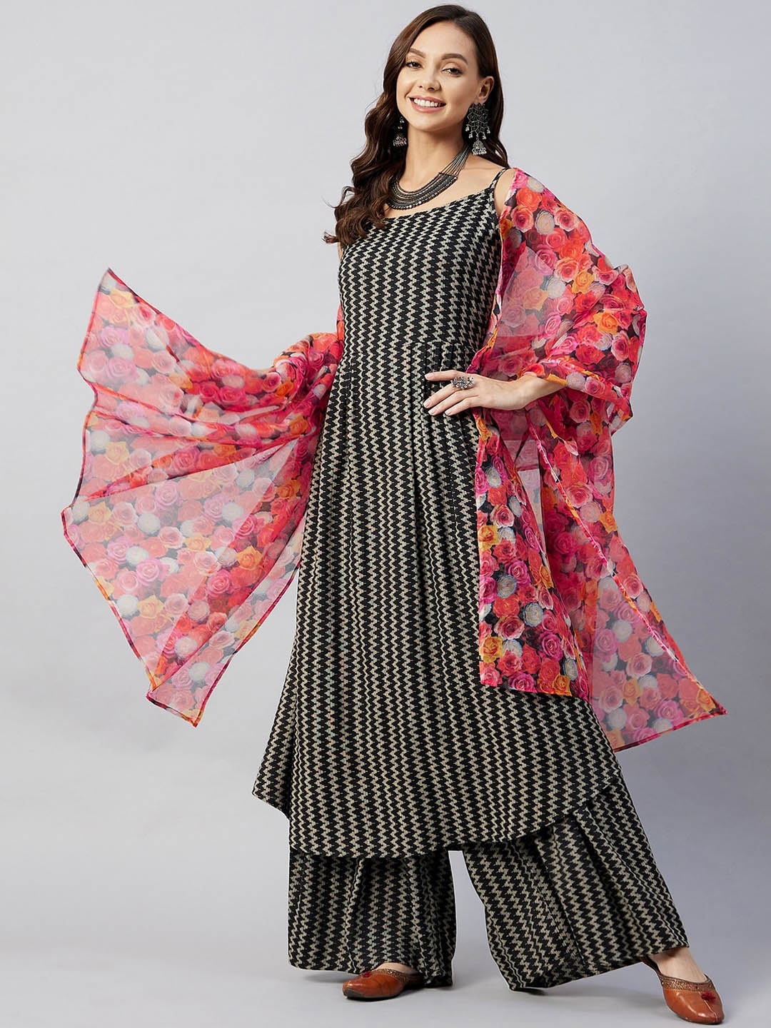 

InWeave Women Black Striped Kurti with Palazzos & With Dupatta