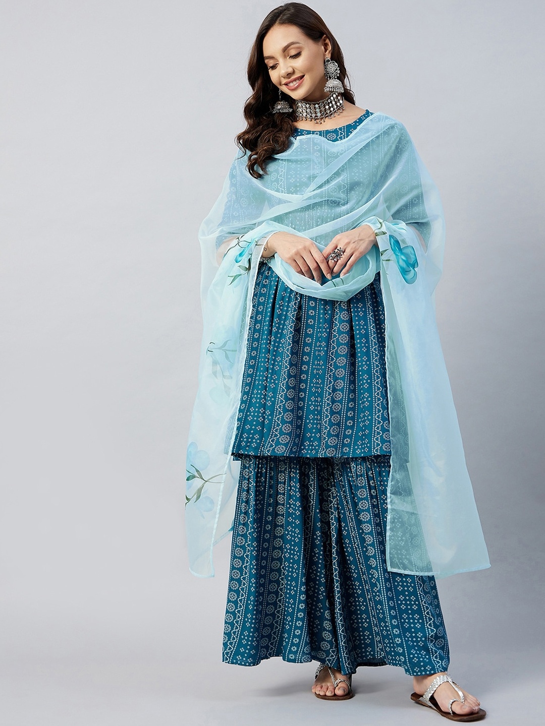 

InWeave Women Blue Embroidered Pleated Kurti with Sharara & With Dupatta