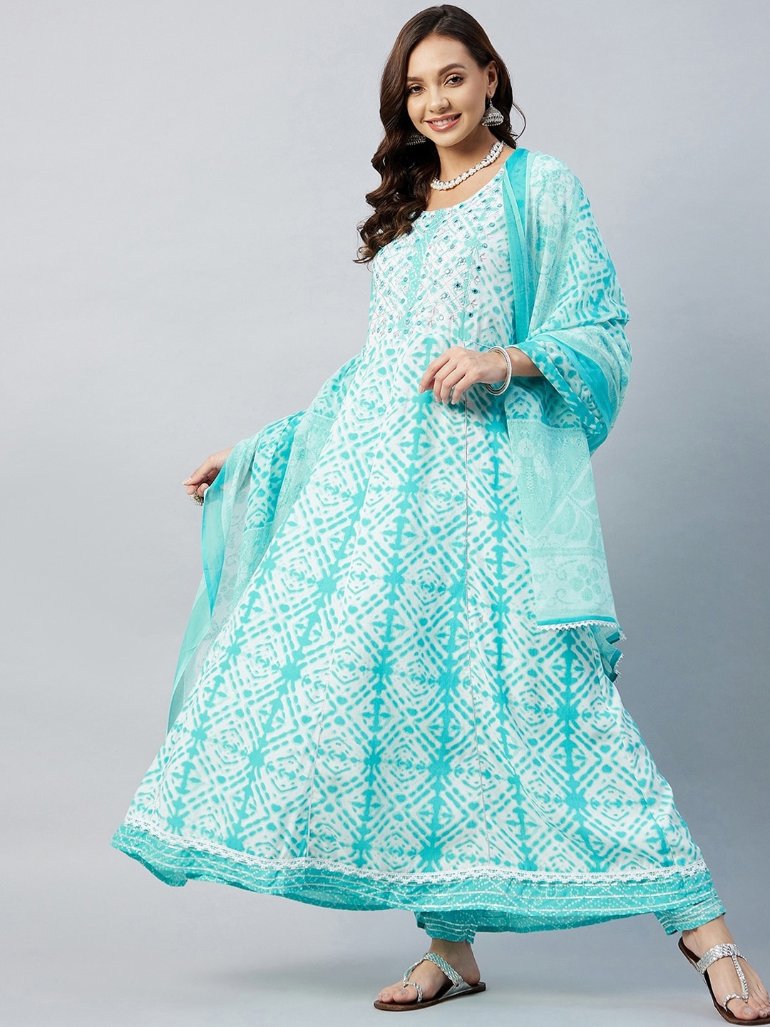 

InWeave Women Blue Leheriya Dyed Mirror Work Pure Cotton Kurta with Trousers & With Dupatta