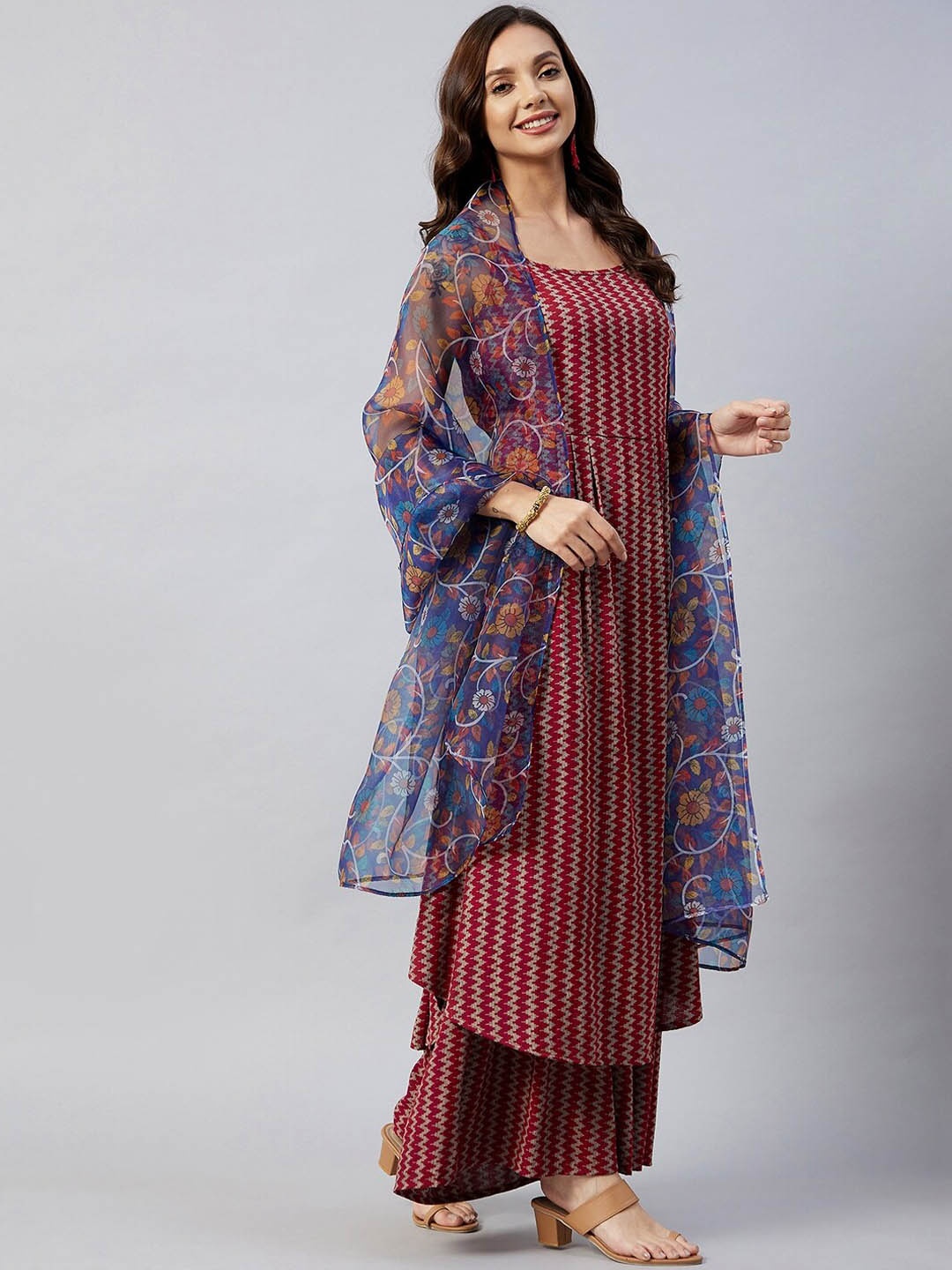 

InWeave Women Maroon Printed Kurta with Palazzos & With Dupatta