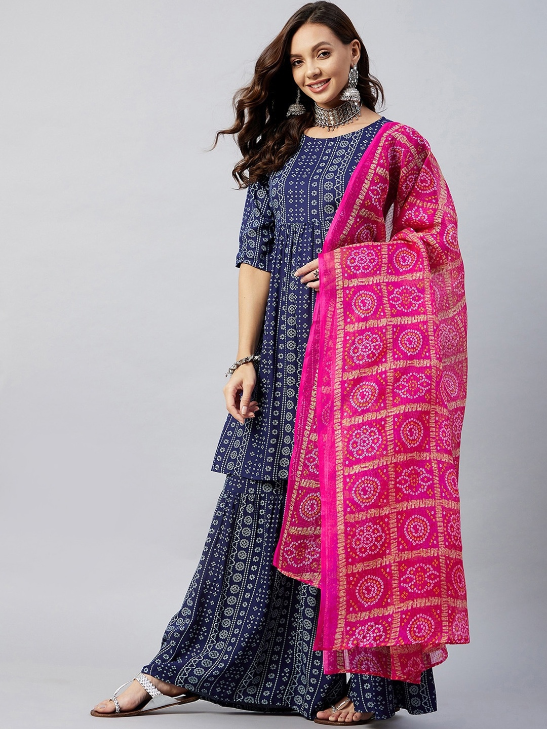 

InWeave Women Blue Ethnic Motifs Printed Layered Kurta with Sharara & With Dupatta