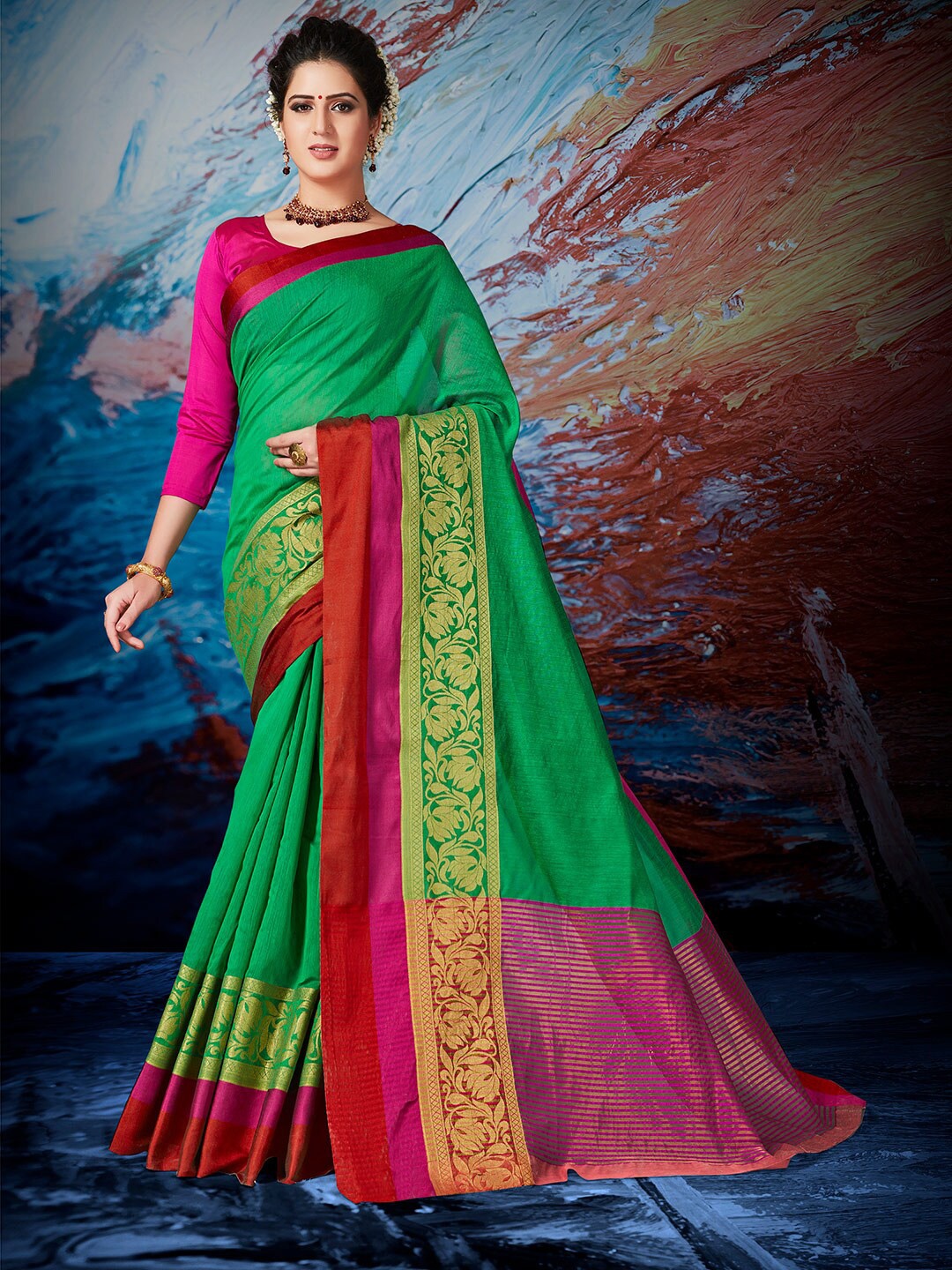 

Shaily Green & Red Woven Design Zari Silk Cotton Saree