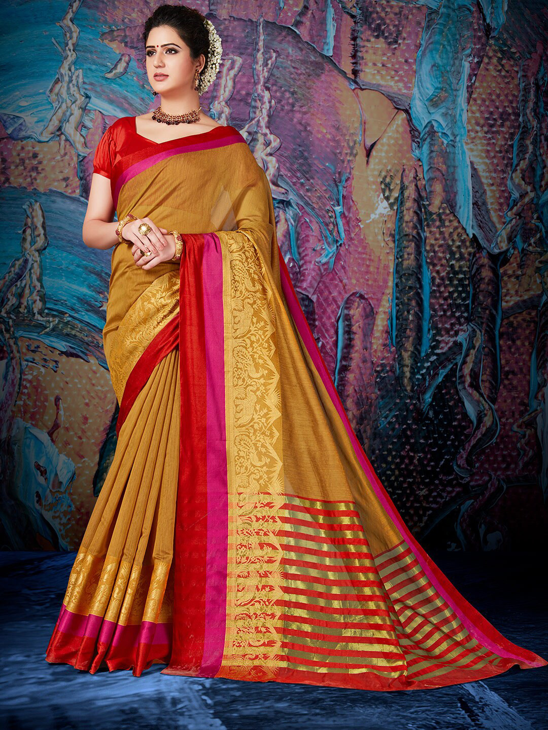 

Shaily Women Mustard & Pink Woven Design Zari Silk Cotton Saree