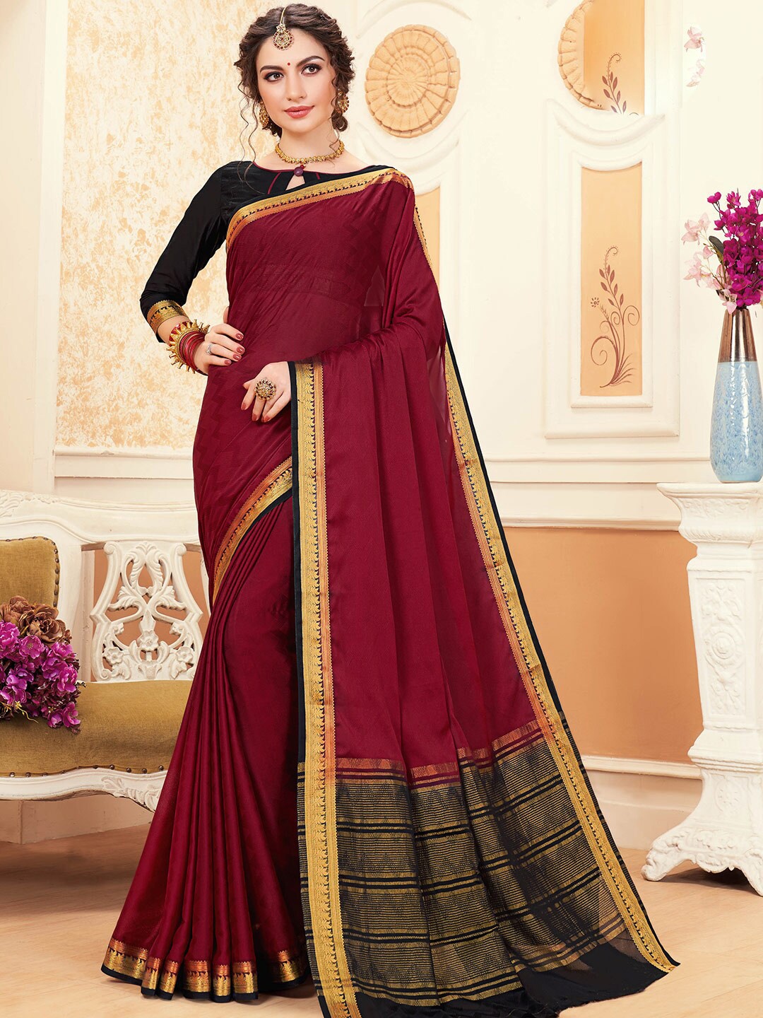 

Shaily Maroon & Black Woven Design Zari Silk Cotton Saree