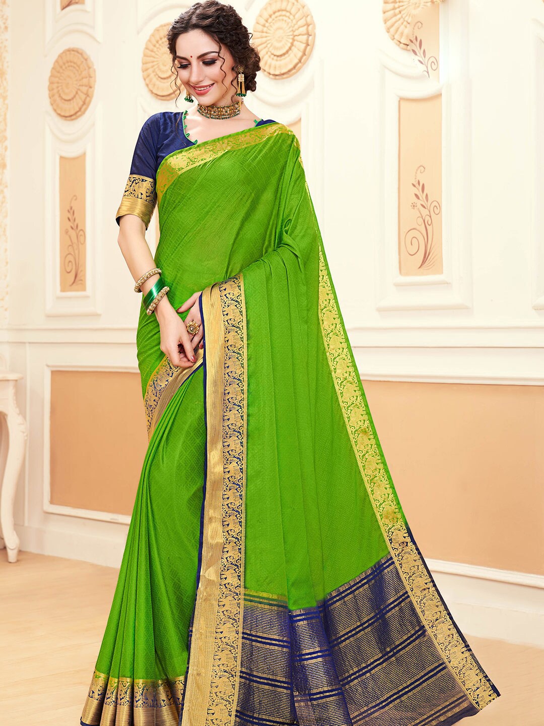 

Shaily Green & Navy Blue Woven Design Zari Silk Cotton Saree