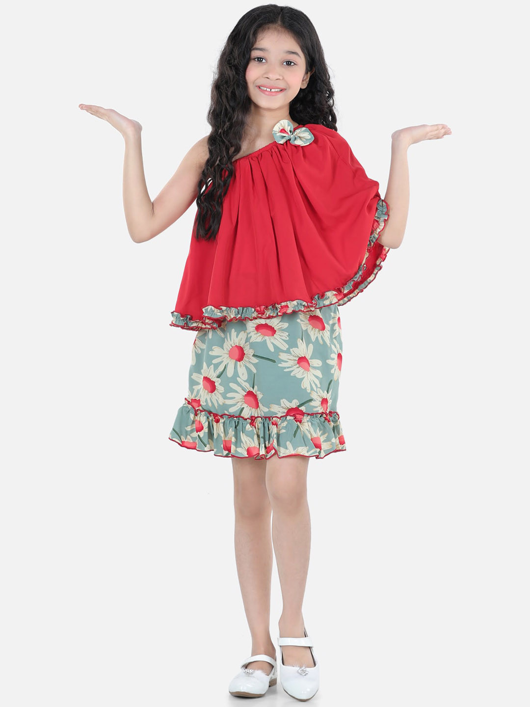

Cutiekins Girls Floral Printed One Shoulder Top with Skirt, Red