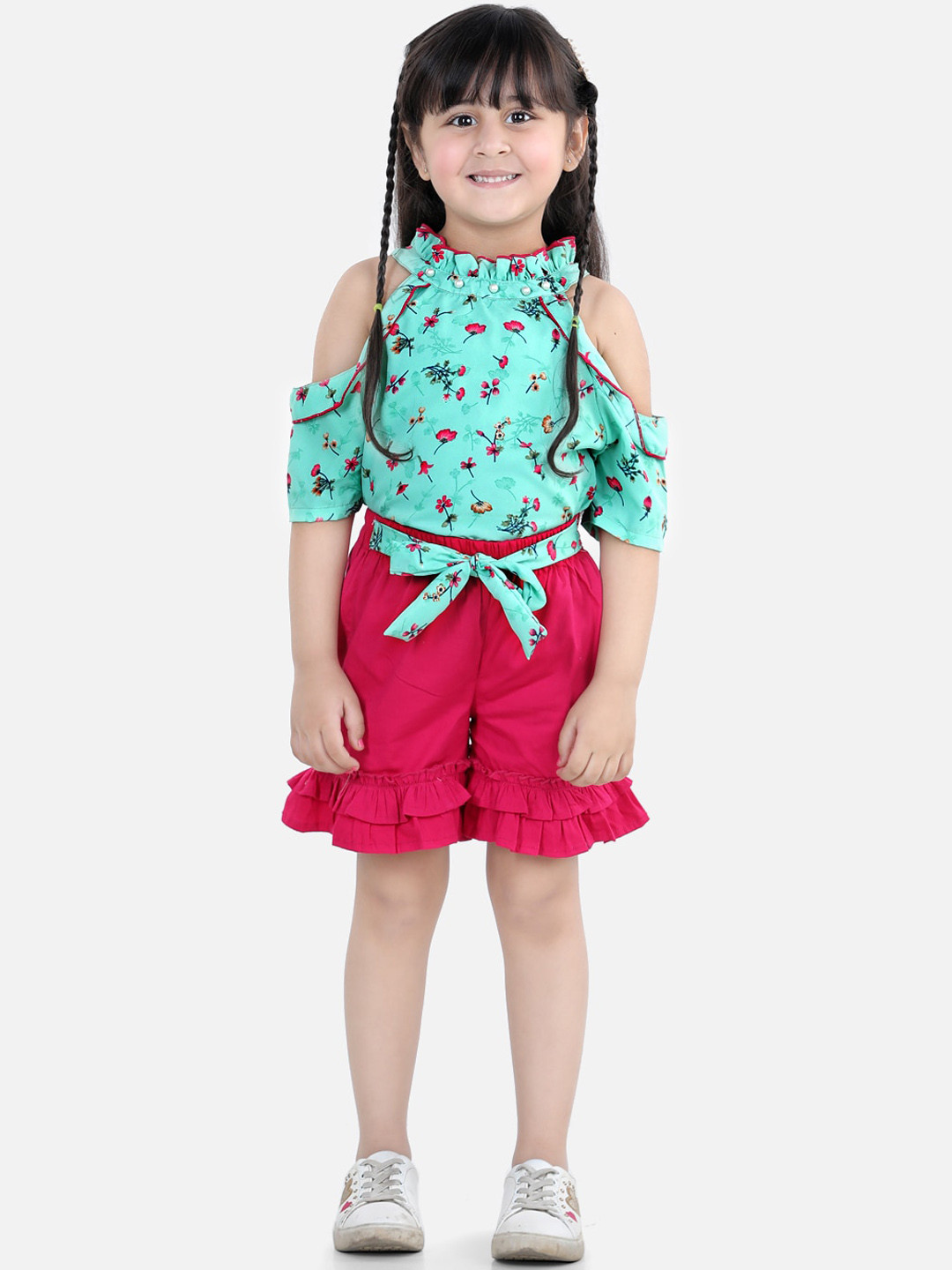 

Cutiekins Girls Printed Cold Shoulder Top with Shorts, Sea green