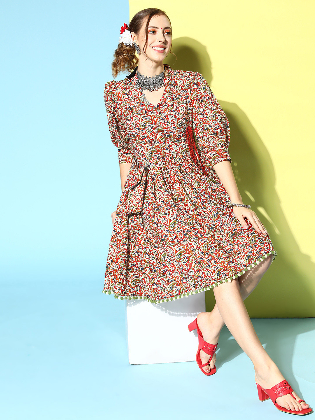 

Ishin Women Charming Red Cotton Fluid Tie-Up Ethnic Dress
