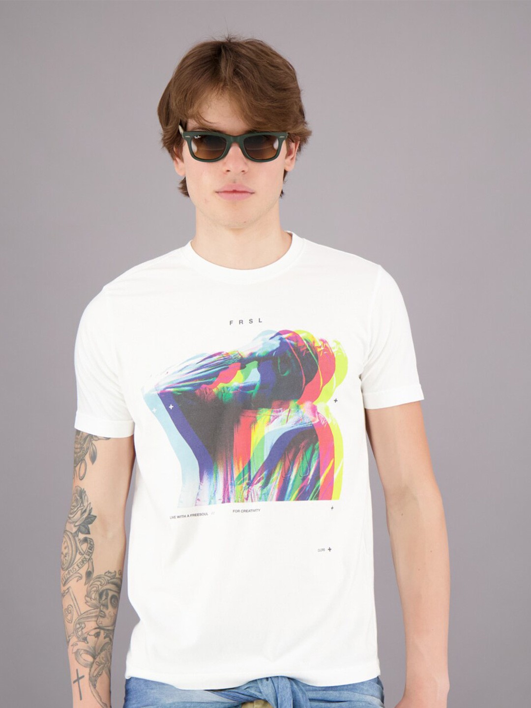 

FREESOUL Men White & Orange Cotton Printed T-shirt
