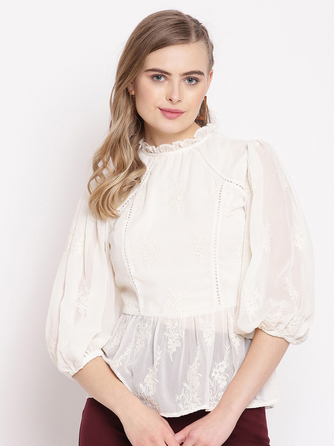 

Amagyaa Off White Floral Victorian Georgette Peplum Top