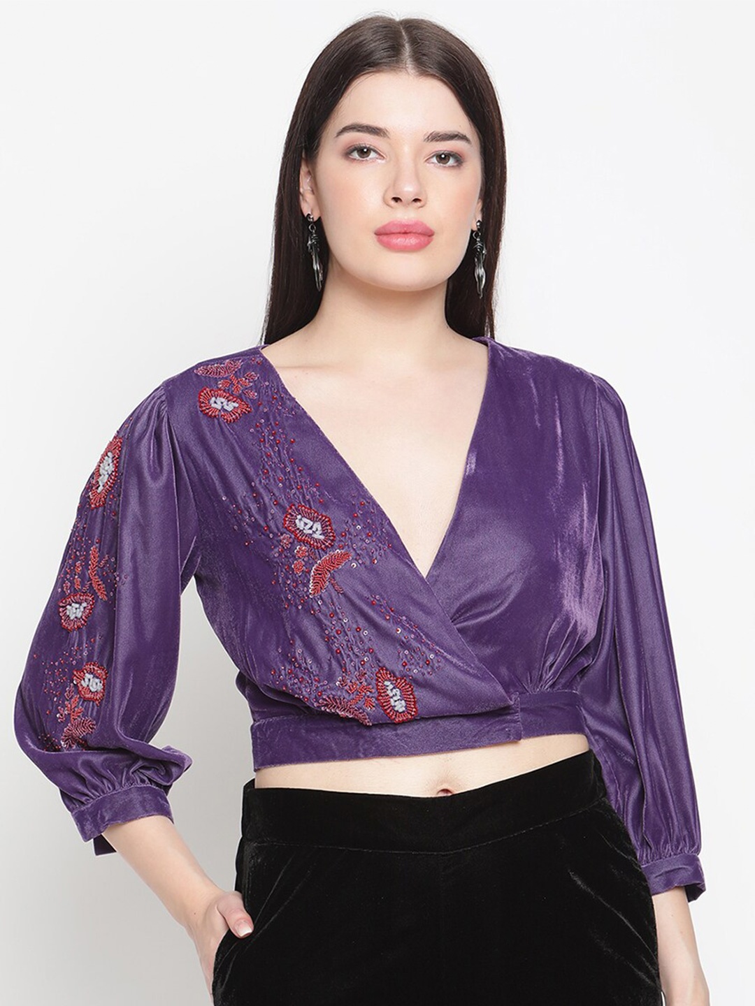 

Amagyaa Purple Bohemian Velvet Wrap Crop Top